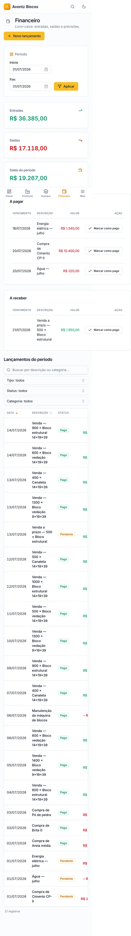 Financeiro do Avontz Blocos no celular